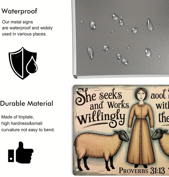 She Seeks And Works Tin Sign Vintage Proverbs 3113 Woman Sheep Metal Sign Print Aesthetic for Garden Yard Bar Porch Home Bedroom Kitchen Wall Decor Gift 8 X 12 in