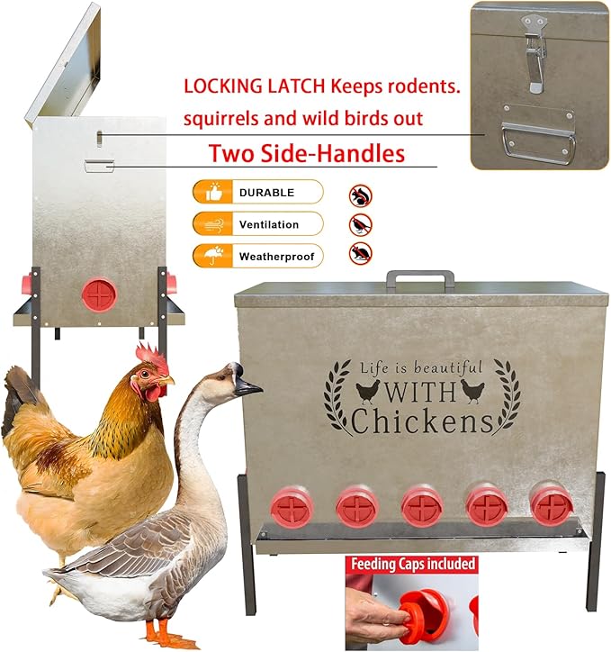 170 LB Automatic Chicken Feeder 12 Port Large Metal Poultry Feeders Box Feeder with Adjustable Height, Locking Lid & Handles,Rustproof Feed Box for Poultry & Backyard Chickens