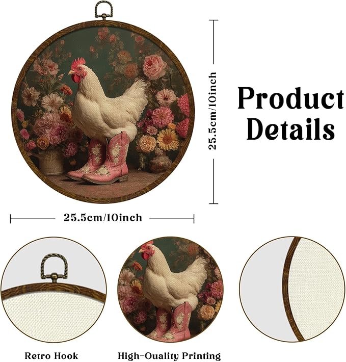 KLYTINK Pastoral Gothic Chicken Round Wall Art – 10"x10" Retro Floral Canvas Hanging Decor with Pink Cowboy Boots, Funny Farmhouse Animal Print for Kitchen, Entryway or Gift (BY0635)