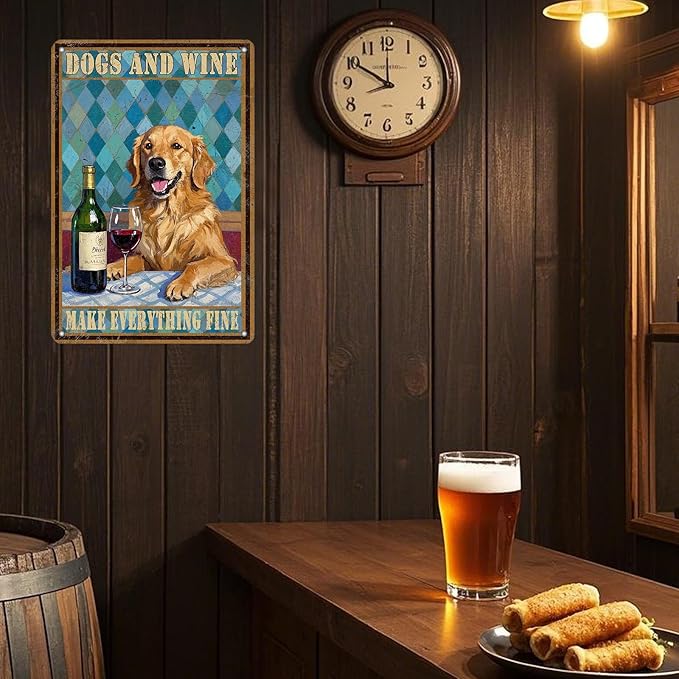 Funny Dog Wine Poster Metal Tin Sign Dogs And Wine Make Everything Fine Iron Tin Sign 12x8 Inch Home Kitchen Garden Restaurant Wall Decor