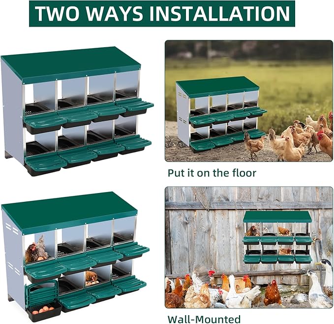 GarveeHome 2-Tier Chicken Nesting Box, 8 Compartment Metal Chicken Laying Boxes with Waterproof Roof ＆ Removable Trays for Hens, Poultry，Easy Egg Collection