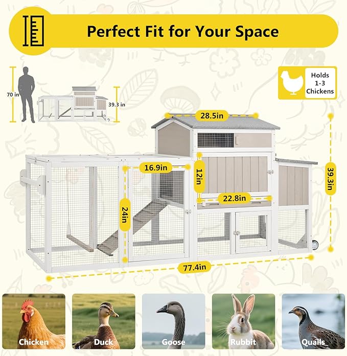 78" Wooden Chicken Coop with Nesting Box, Poultry Cage with Wheel Leak Proof Pull-on Tray and Asphalt Waterproof Roof, Hen House for Garden Backyard Farm