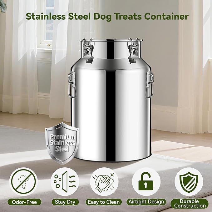 Newget 16lb Stainless Steel Dog Food Storage Container, Metal Pet Storage Container with Airtight Hangable Lid to Keep Food Fresh, Large Cat Food Storage Container with Scoop to Easily Clean
