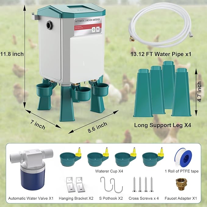 Automatic Chicken Waterer 2 Gallons, Float-Controlled Chicken Water Feeder with 4 Water Cups, 158.4-Inch Hose with 3/4'' and 1/2'' Ends, Large Poultry Waterer for Chick Quail Duck Turkey, Blue
