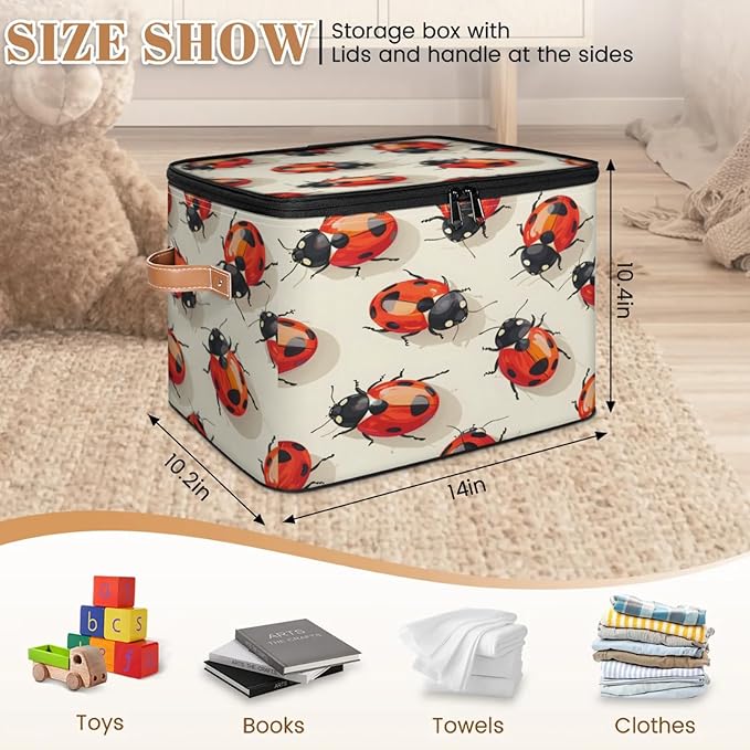 Storage Cubes with Lid Fabric Storage Bins Boxes PU Leather Handles, Cute Ladybird Closet Organizer Container Foldable Washable Shelf Cloth Basket, Red LabyBirds Ladybugs