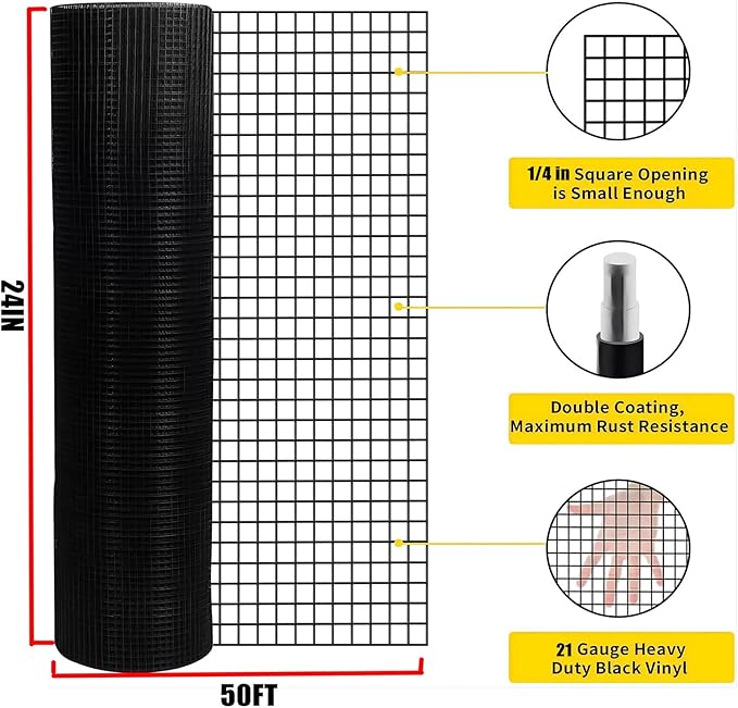 24" x 50' 1/4inch Hardware Cloth 21 Gauge, Black Galvanized Welded Wire Mesh Roll for Chicken Coop Fence, Poultry Netting, Garden Fence, Rabbit & Snake Cage, Heavy Duty Welding Fencing (24×50-21Gauge)