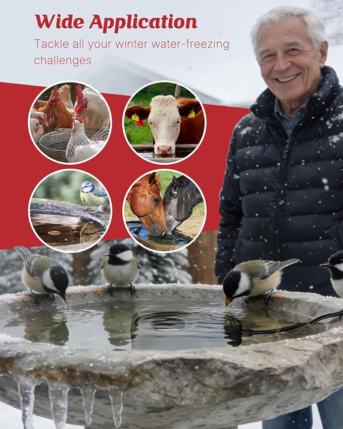 Pawfly 50 W Bird Bath Heater for Outdoors in Winter, Birdbath Heater with Thermostat, IPX8 Waterproof Submersible Bird Bath Deicer, Chicken Water Heater, Winter Water Heater for Livestock Wildlife