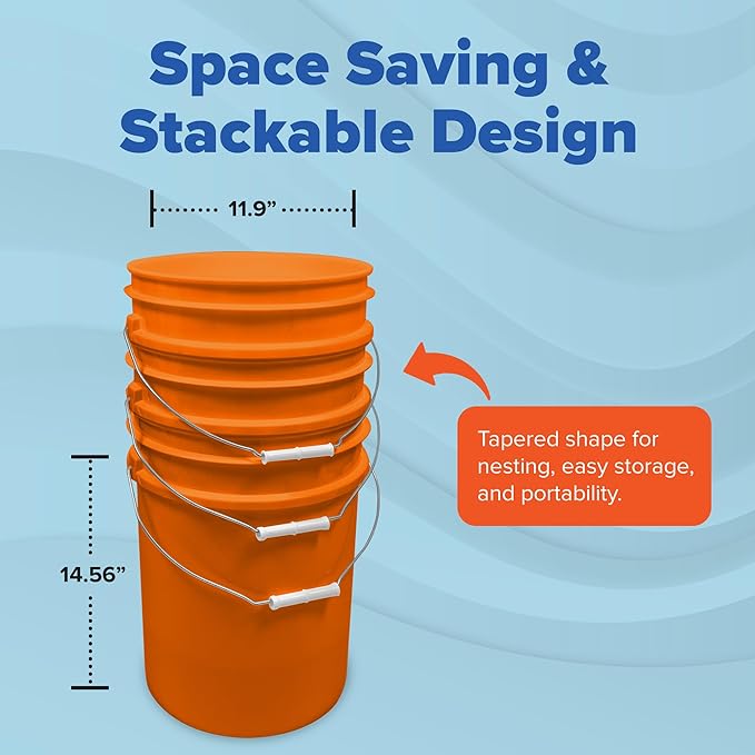 5 Gallon Bucket Only | Made in USA | Food Grade | Durable 90 Mil All Purpose Pail | BPA Free | Premium HPDE | Easy Stack and Store | Lids Not Included (Orange, 6)