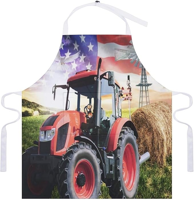 Vintage Watercolor Old Tractor Kitchen Apron, Oil Painting Western Farmhouse Harvest Farm Sunflower Tractor Apron