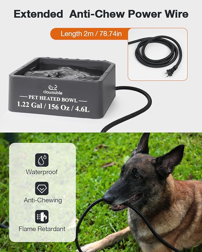 Clawsable Large Heated Dog Bowl for Outdoor Dogs Cats, Heated Water Pet Dish with 78.4" Chewproof Cord, Water Thermal-Bowl for Rabbit, Chicken, Squirrel (Gray, 155Oz)