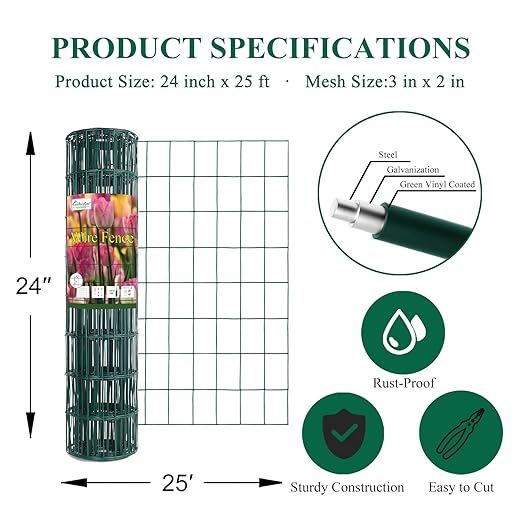 Green PVC Coated Welded Wire Fence 24 Inch x 25 Foot, 2 Inch x 3 Inch 16GA, Garden Border Fencing Roll Vinyl Coating Metal Wire Mesh for Yard Vegetable Plant Protection Poultry Netting