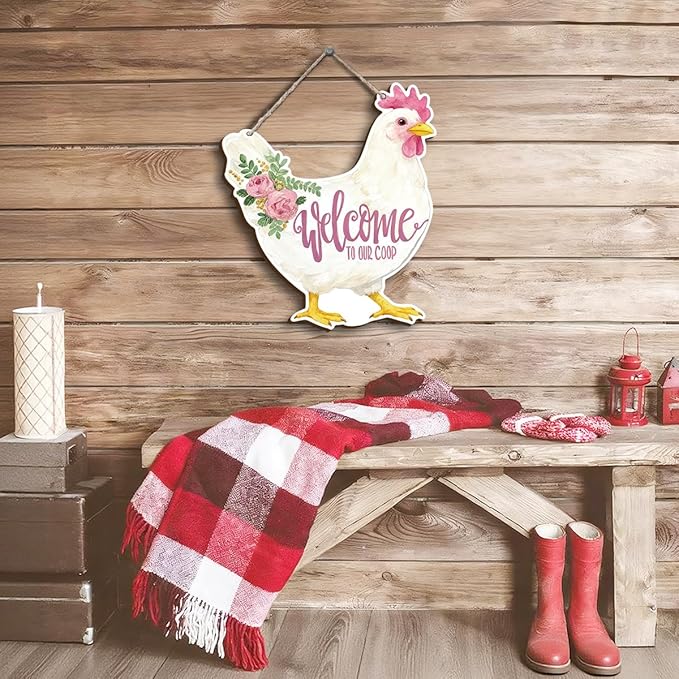 Farmhouse Chicken Coop Decor, Floral Hen Welcome Sign, Watercolor Painting Style Wood Hanging Plaque, Rustic Farmhouse Wall Art for Kitchen Dining Room Porch or Coop Door, 11.2x9.8 Inches