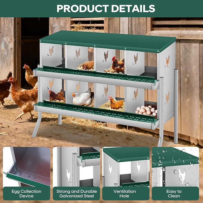 Garvee 8 Compartment Chicken Nesting Box with Legs, 2 Layer Wall Mount/Free Standing Poultry Nest for Chickens, Hens, Ducks, Metal Chicken Laying Boxes with Perch, Secure Lid, Vented Holes, Green