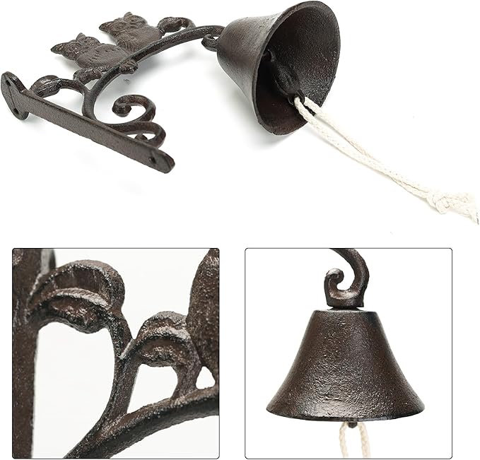 Sungmor Heavy Duty Cast Iron Wall Bell - Decorative Retro Style Lovely Owls Hand Bell - Manually Shaking Wall Hanging Doorbell - Indoor Outdoor Wall Mounted Dinner Bell - Garden Home Wall Decoration