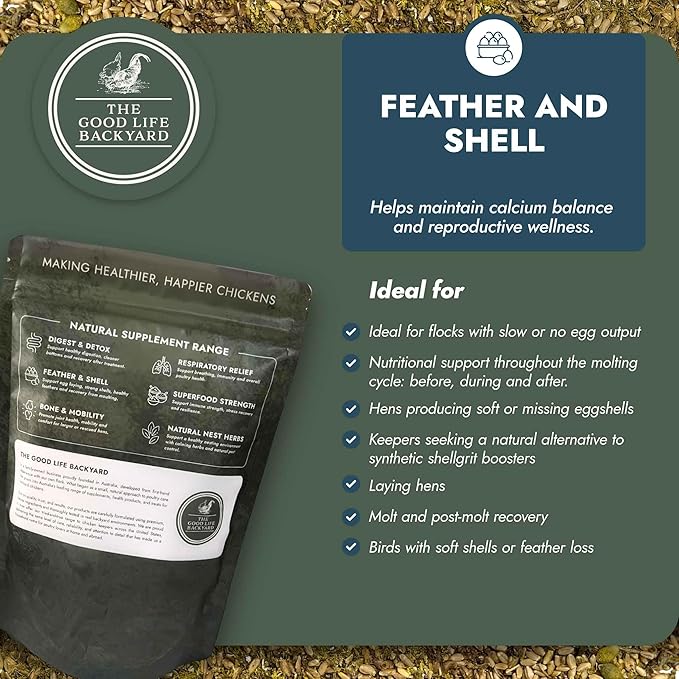 Good Life Backyard Feather and Shell for Chickens – Calcium and Protein Support Blend for Feathers and Eggshells (2 lb Pouch) | Hatching Time
