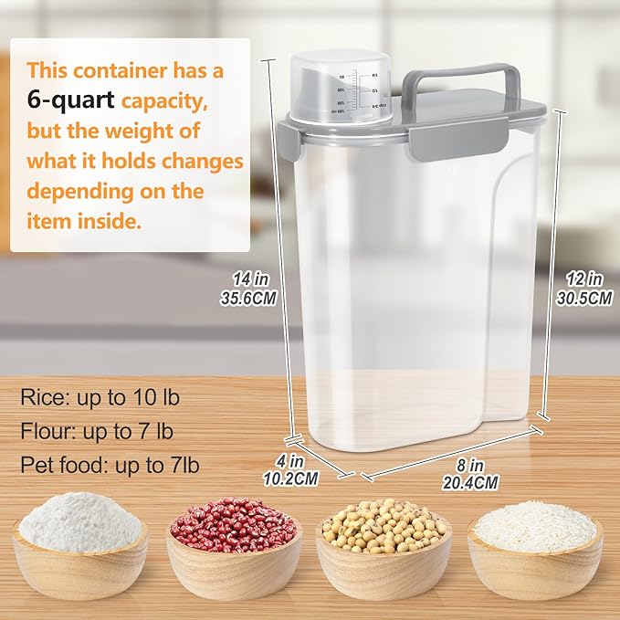 5-7 Lbs Dog Cat Food Storage Container, Portable Travel Pet Food Storage Container with Measuring Cup, Easy-Pouring Bird Seed Dispenser, Airtight Rice Cereal Oatmeal Flour Dispenser -Light Grey