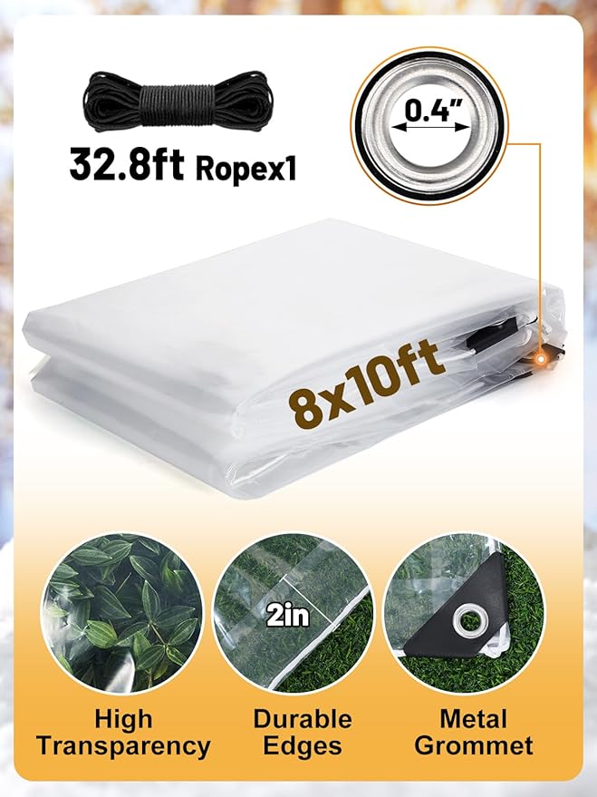 8x10 FT Clear Tarp Heavy Duty Waterproof for Patio Winterizing - 5 mil Anti-Tear Snowproof & Windproof Clear Plastic Tarps with Grommets for Winter Garden Patio Enclosure Chicken Coop