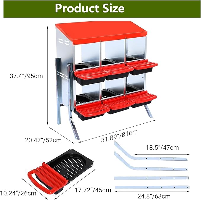 Chicken Nesting Box, 2-Tier Chicken Laying Boxes for Hens, 10 Hole Nesting Boxes for Chickens, Roll Away Nest Box for Laying Eggs, Roll Out, Easy Egg Collection (Red, 6-Holes with Legs)
