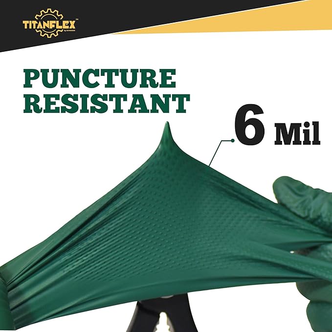 TitanFlex Heavy Duty Industrial Nitrile Gloves with Raised Diamond Texture, 6-mil, Latex Free (Dark Green/Yellow)
