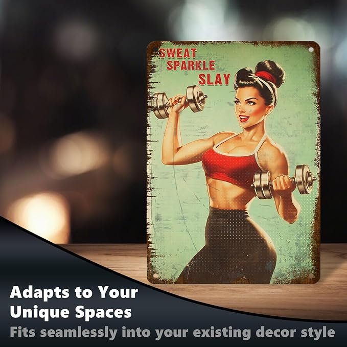 Fitness Girl with Dumbbells Motivational Wall Art Poster Sweat Sparkle Slay Tin Sign Gym Decor for Home & Office Decor Bedroom Bathroom Cafe 12X16Inch
