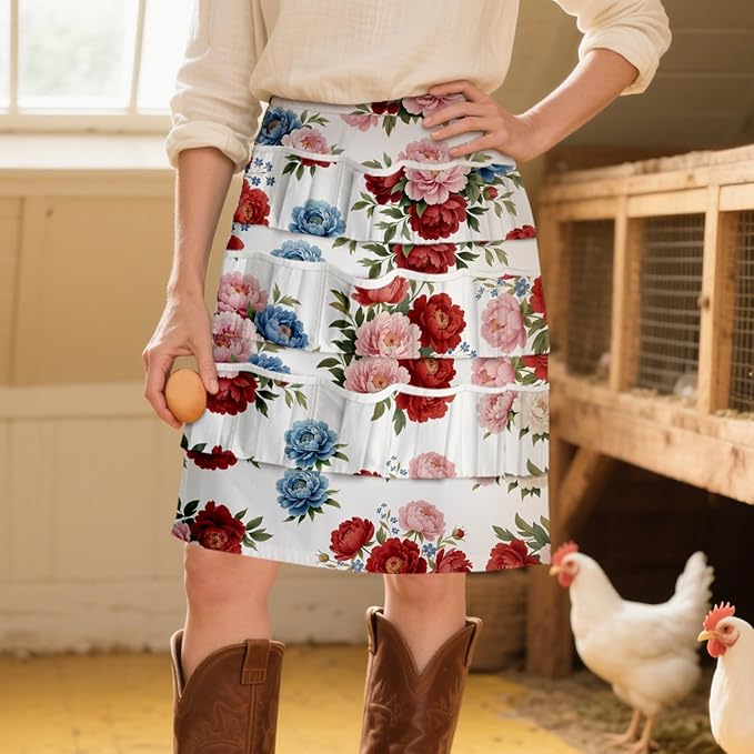 CUTHOLLOW Egg Collecting Apron for Adlut, Housewife, 18 Deep Pockets Hen Egg Gathering Holding Apron with Elastic Closures