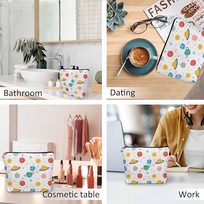 Women Makeup Organizer Bag Galaxy Space,Planets Solar System Cosmos Stars Flax Cosmetic Bag Makeup Bags Toiletry Bag Accessories Organizer Travel Bags For Home Bathroom Office Hotel Gym