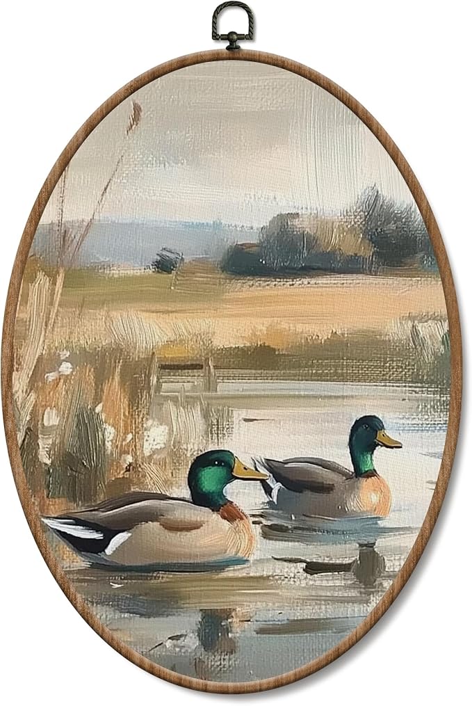Yorhifa Vintage Mallard Duck Framed Wall Art, Countryside Lake Oval Wall Art, Wildlife Nature Pond Oval Walls Decor, Farmhouse Rustic Farm Animal Canvas Artwork Hanging Decor, 8.5x11.5 Inch
