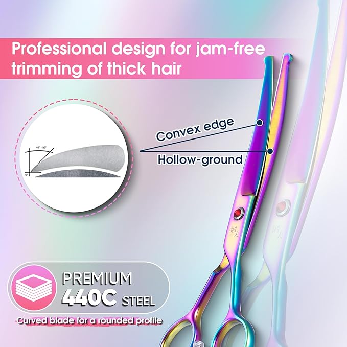 7" Dog Grooming Scissors Kit Multicolour, Premium Japanese 440C Stainless Steel Straight Scissors, Thinning Shears, Curved Scissor, Chunker Shears with Steel Comb for Precise Styling