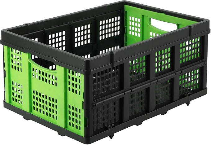 14.5 Gallon Green Collapsible Milk Crate, Heavy-Duty Plastic Storage Container with Handles, 55 LBS Load Capacity Stackable Folding Bin for Home Office Farm Garage Basement.
