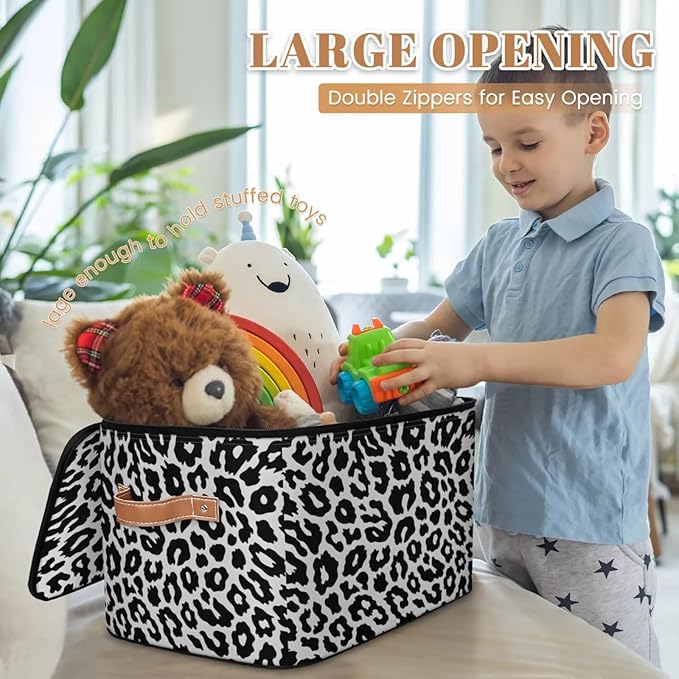 Storage Cubes with Lid Fabric Storage Bins Boxes PU Leather Handles, Leopard Textures Closet Organizer Container Foldable Washable Shelf Cloth Basket, Leopard Print