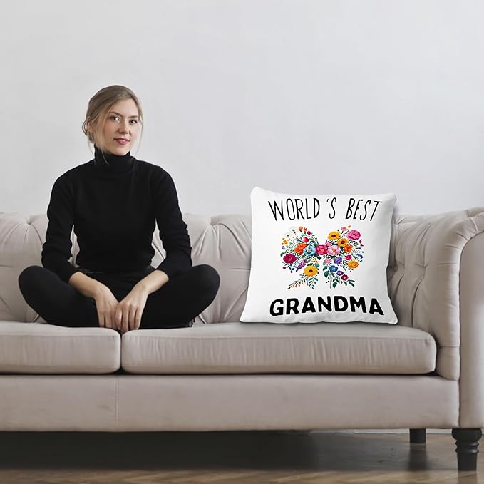 World's Best Grandma Pillow Covers 18x18, Best Grandma Gifts for Birthday Mother's Day from Grandkids, Coquette Colorful Flower Bow Grandmother Throw Pillow Covers for Home Bedroom Living Room