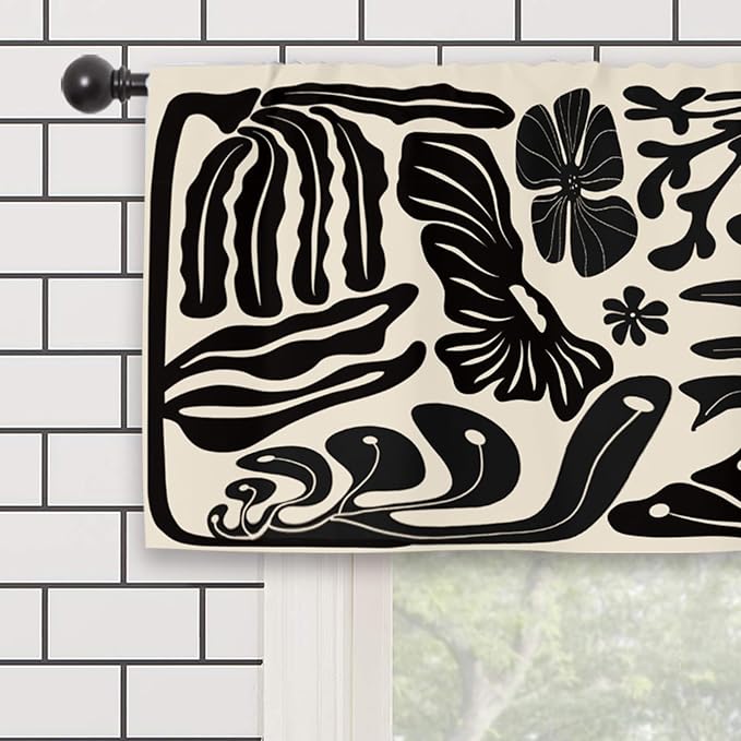 Black Matisse Flower Kitchen Curtain Valance 54W x 18L Inch Vintage Abstract Leaves Aesthetic Retro Art 70s Modern Minimalist Rod Pocket Short Cafe Small Window Treatment Drapes Decor