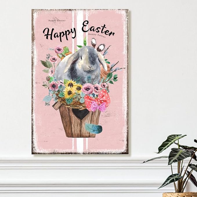 Happy Easter Flower Basket Bunny Wood Hanger Sign French Style Floral Pink Stripes Wooden Sign Plaque Farmhouse Easter Decor Welcome Spring Sign Wall Decor for Game Room 12x18in