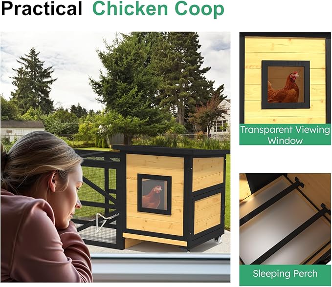 71'' Chicken Coop, Chicken House for Outside, Outdoor Duck Coop, Wooden Mobile Chicken Coops with Run & Waterproof Asphalt Roof, Wheels, Removable Tray and Hanging Chicken Feeder
