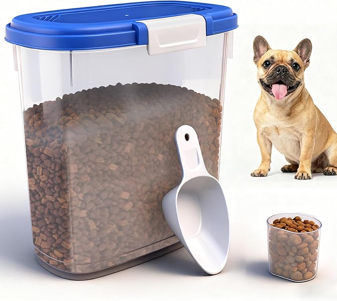 10-15 Lbs Dog Food Storage Container Airtight - Slim Pet Cat Food Container with Lid, Scoop and Cup - Clear Plastic Dry Food Storage Bin for Dogs, Cats, Bird Seeds, Kibble, Pellets, Rice, Flour