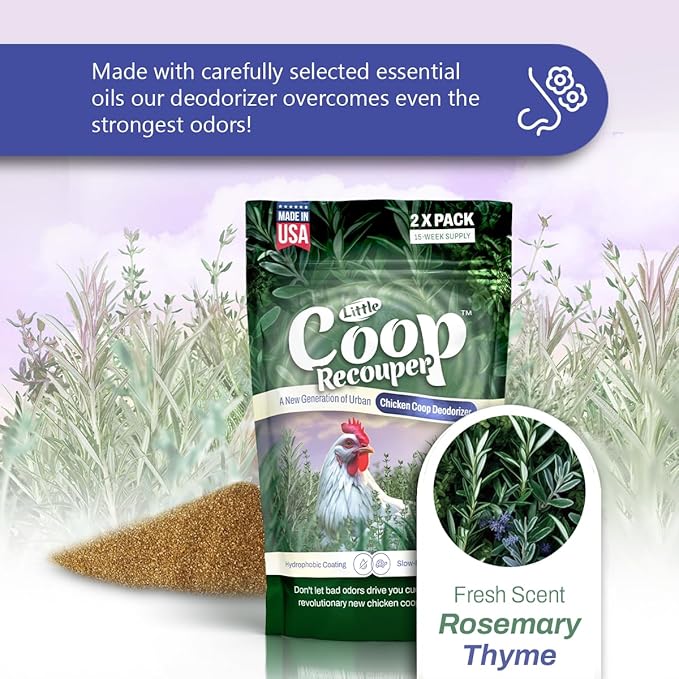 Little Coop Recouper | a New Generation Of Urban Chicken Coop Deodorizer | Unique Slow Release Formula | Natural Fresh Scent | Up to 15 Weeks Supply | 4x0.5oz (Rosemary & Thyme)