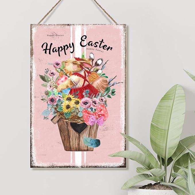 Wall Art Decor Sign Happy Easter Flower Basket Bunny Sign French Style Floral Pink Stripes Wood Signs Farmhouse Easter Decor Welcome Spring Hanging Sign for Bedroom 8x12in