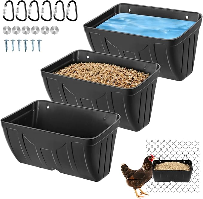 Chicken Feeder,Hanging Goat Feeders,Hanging Poultry Feeder for Sheep, Duck and Dog, Fence Feeder Trough Livestock Feeding Container, Chicken Coop Accessories, 3 Pack Black Chicken Feeder Waterer