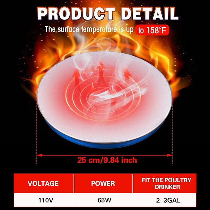 Heated Chicken Waterer Poultry Water Heater Warmer Base Heated 110v Chicken Water Heater Electric for Winter Deicer Poultry Founts Coop Accessories with 59 Inch Cord(Large, 65W)