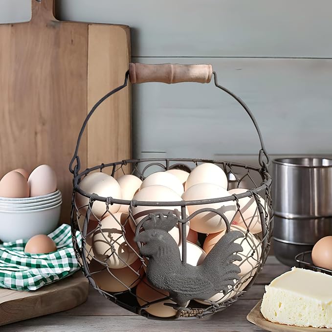 LINCOUNTRY. Wire Chicken Egg Basket for Gathering Fresh Eggs,Round Metal Egg Collecting Basket with Handle for Farmhouse Countertop Storage, Rustic Rooster Kitchen Décor Gift