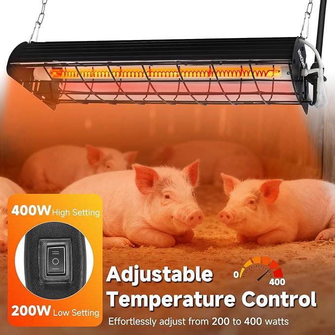 400W Heat Lamp for Chickens Upgraded 12000H Large Chicken Coop Brooder Heater Carbon Fiber Bulb Waterproof Adjustable 2 Mode Temp Safe Design for Chicks Poultry Pets 2 Pack(Extra Large)