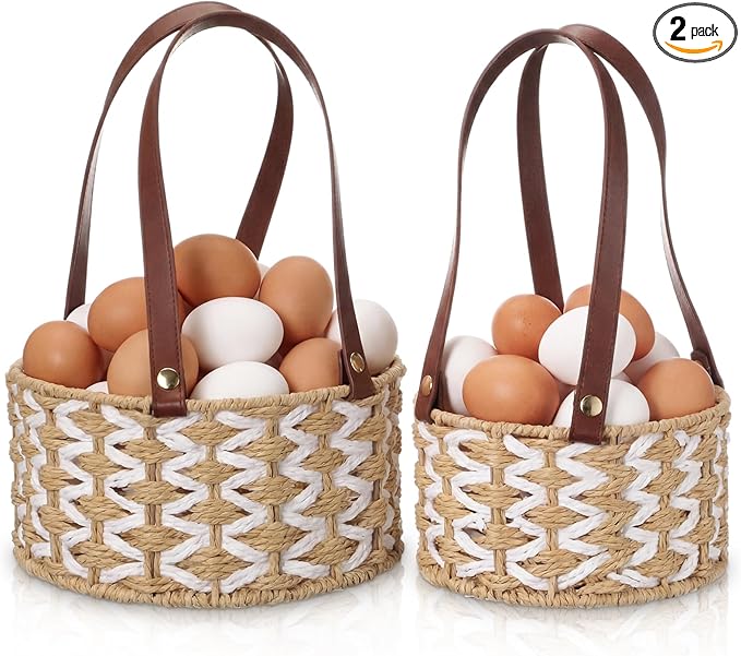 2 Size Egg Collecting Baskets with Handle for Collecting Chicken Fresh Eggs Farmhouse Wicker Basket Vintage Countertop Fruit Holder Detachable Faux Leather Handle for Storage Harvest Kitchen