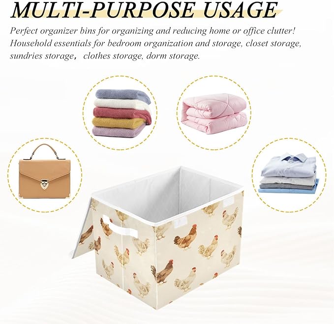 Farmhouse Chickens Fabric Storage Bin with Lid, Collapsible Basket with Handles, Shelf Cube Closet Organizer for Home and Bedroom