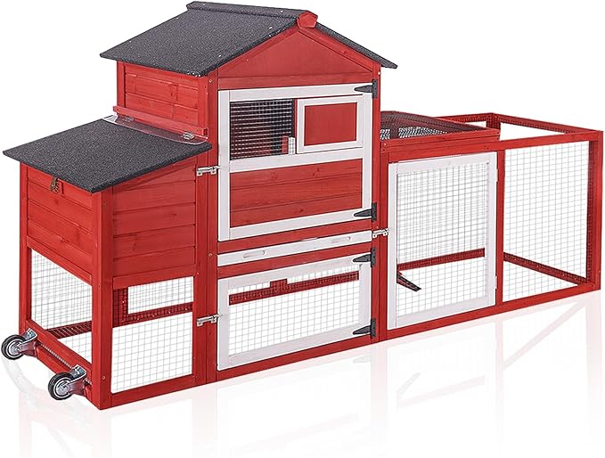 Aivituvin Large Chicken Coop with Wheels, Outdoor Hen House Mobile Poultry Cage with Run, Weatherproof Asphalt Roof, Sectionable Nesting Box, Leakproof Pull-Out Tray for 4-6 Chickens - Red