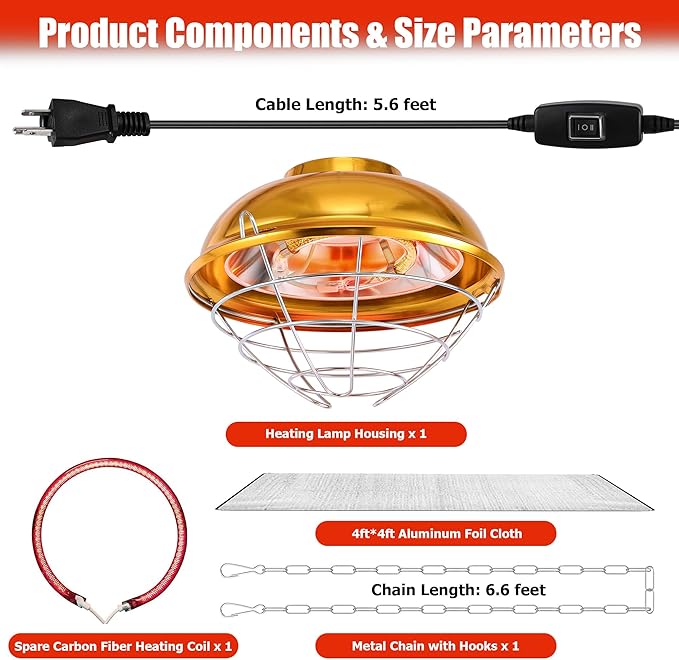 300 Watt Chicken Coop Heater, Dual-Temperature Heat Lamp for Poultry with Carbon Fiber Heating, Adjustable Hanging Height & Waterproof Design for Quail, Ducks, Rabbits, Pets Indoor Outdoor Use