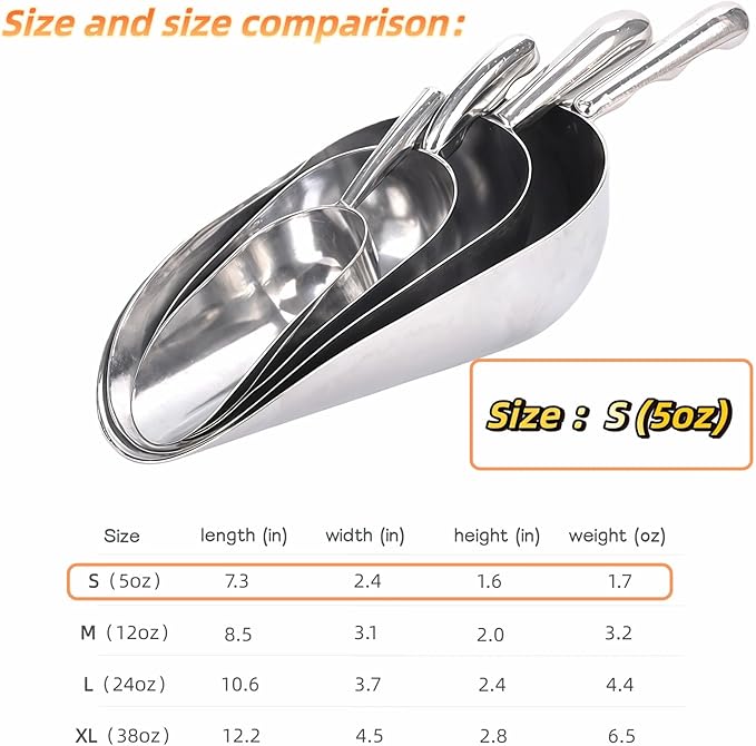 Ice Scoop, 5 oz Heavy Duty Cast Aluminum, Ergonomic S-Curve Handle, Commercial Grade for Ice, Coffee, Popcorn, Flour, Sugar, Food-Grade & Rust-Proof Kitchen Tool (S (5oz))
