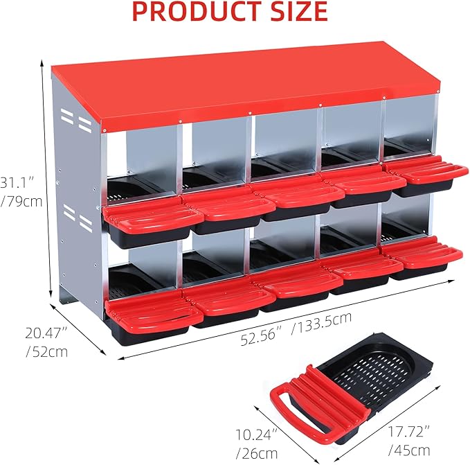 Metal Chicken Nesting Box, 10 Compartments, Unique Egg Collection Design, Red