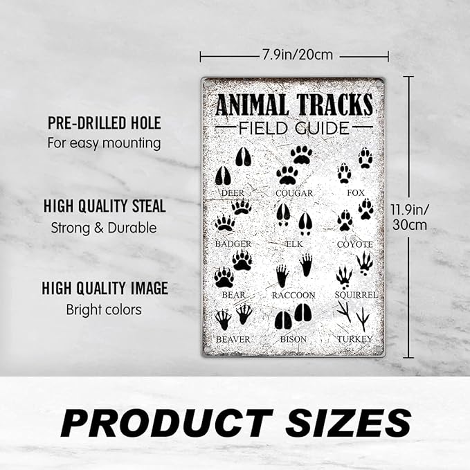 Animal Tracks Field Guide Metal Sign Educational Wall Art Decor For Home Cabin Lodge Rustic Nature Enthusiasts 8 x 12 Inch Vintage Kitchen Aluminum Outdoor Indoor