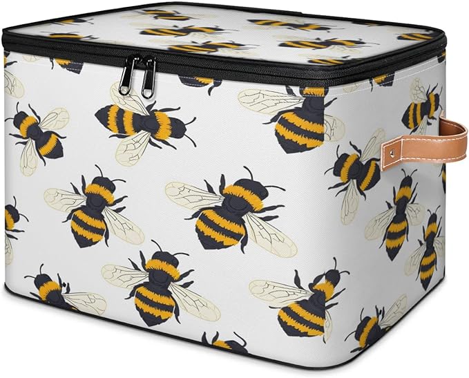 Storage Cubes with Lid Fabric Storage Bins Boxes PU Leather Handles, Cute Bee Closet Organizer Container Foldable Washable Shelf Cloth Basket, Honey Bee