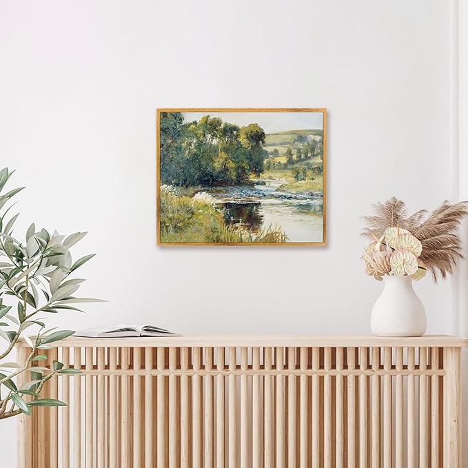 Vintage Landscape Framed Pictures Nature Scenery Posters River Nature Wall Art Rustic Landscape Painting Wilderness Green Poster Farmhouse Scenery Wall Art Rustic Forest Artwork 8x10inch Framed